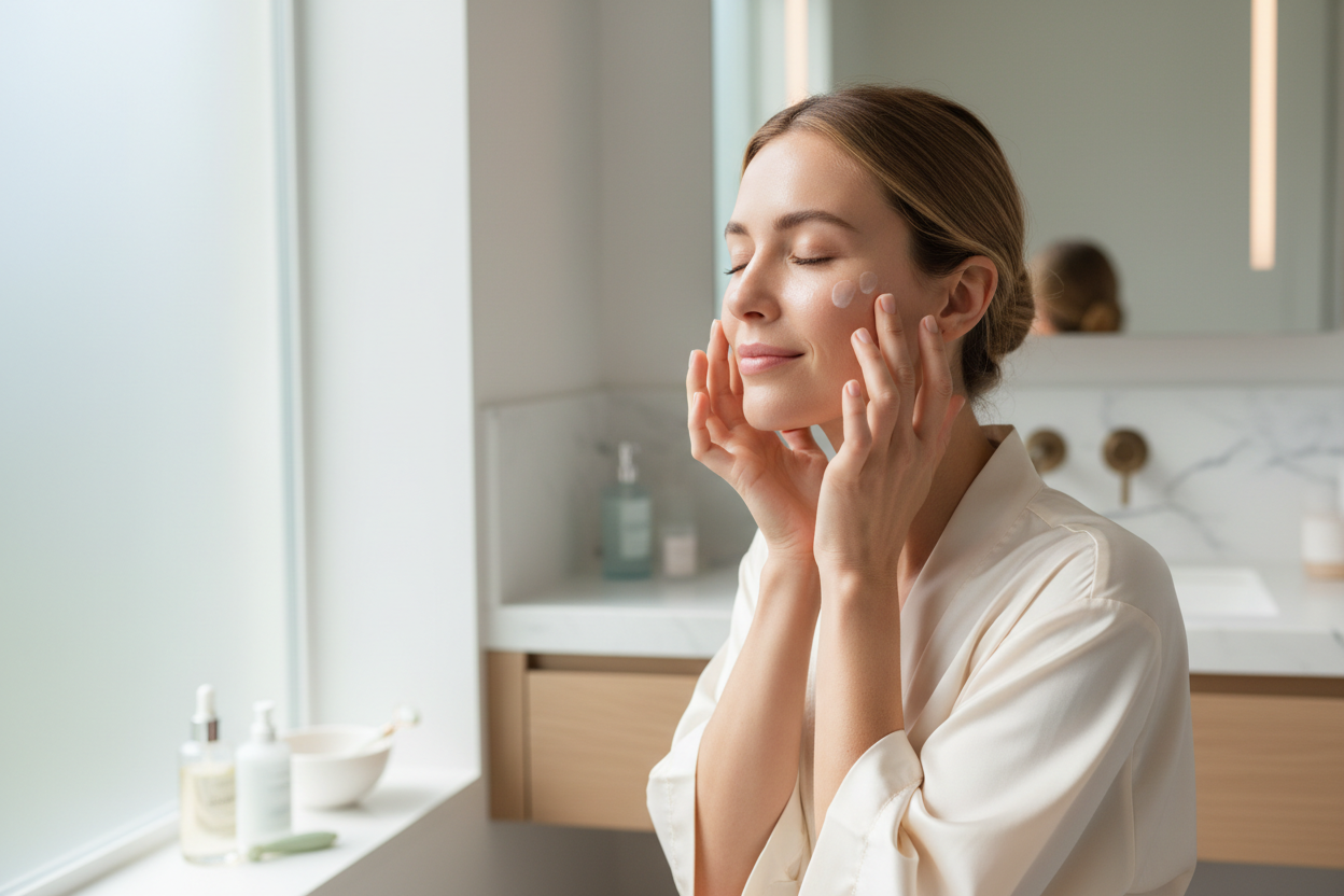 generate image of woman using skin care 